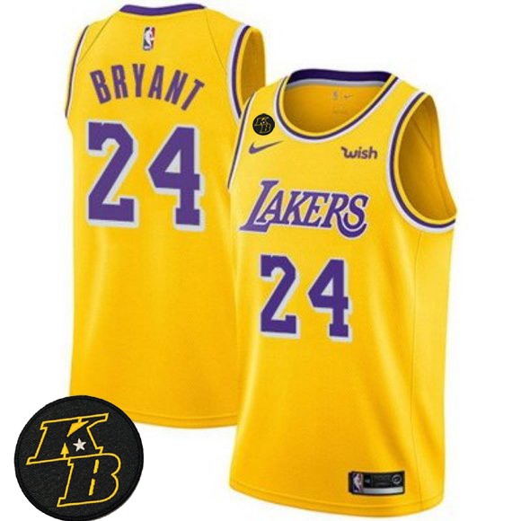 Men's Los Angeles Lakers #24 Kobe Bryant Yellow With KB Patch 2018-2019 Wish Swingman Stitched Jersey Men's Los Angeles Lakers #24 Kobe Bryant Yellow With KB Patch 2018-2019 Wish Swingman Stitched Jersey
